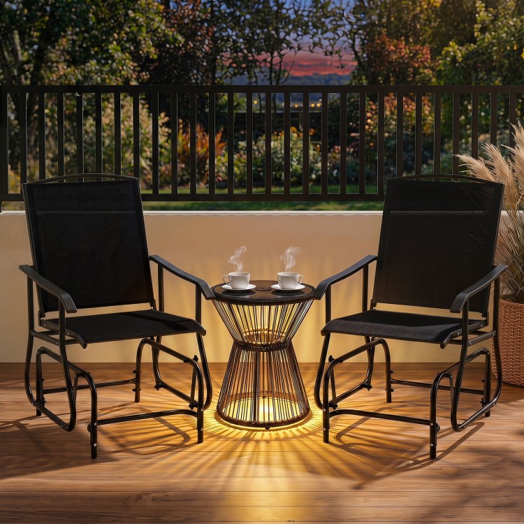 Black outdoor glider chair features a metal frame, comfortable armrests, and gentle motion for relaxing patio moments.