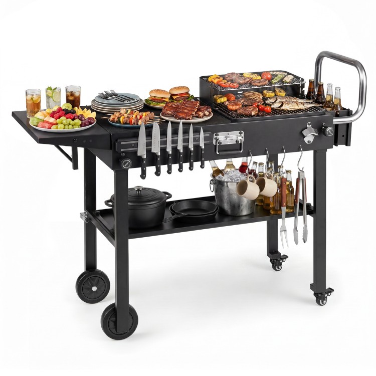 Outdoor foldable grill cart with a black metal surface, side tray, and storage for easy outdoor cooking and gatherings.