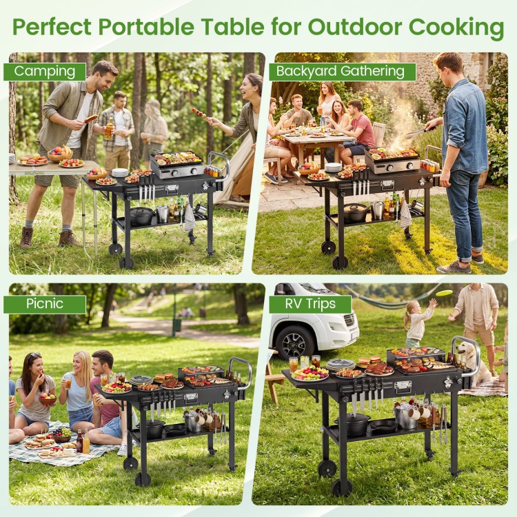 Foldable outdoor grill cart with a 31” x 17” heat-resistant tabletop, ideal for camping and backyard gatherings.