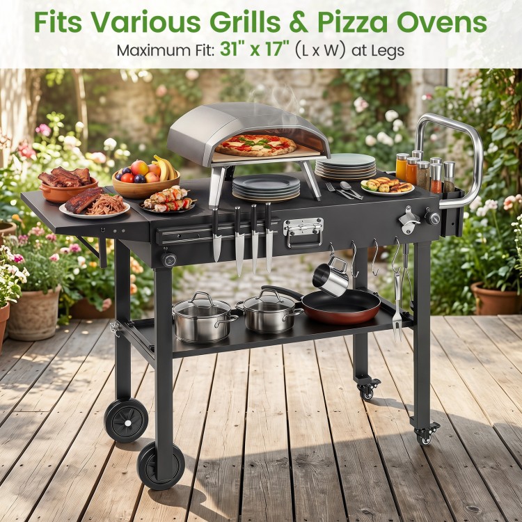 Outdoor grill cart with a foldable design, 31” x 17” galvanized metal surface, ideal for outdoor cooking and gatherings.