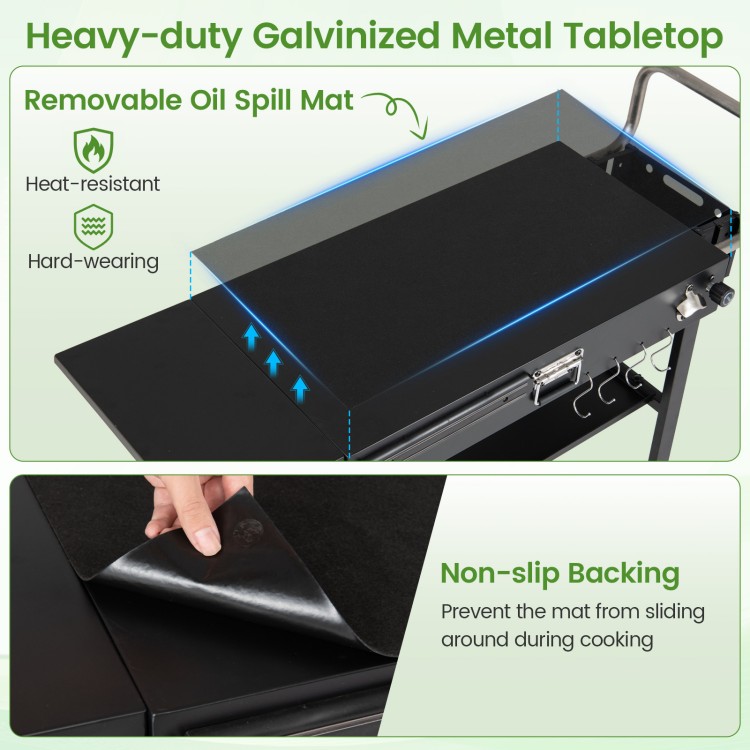 Heavy-duty galvanized metal tabletop with a removable oil spill mat, ideal for outdoor grilling and easy cleanup.