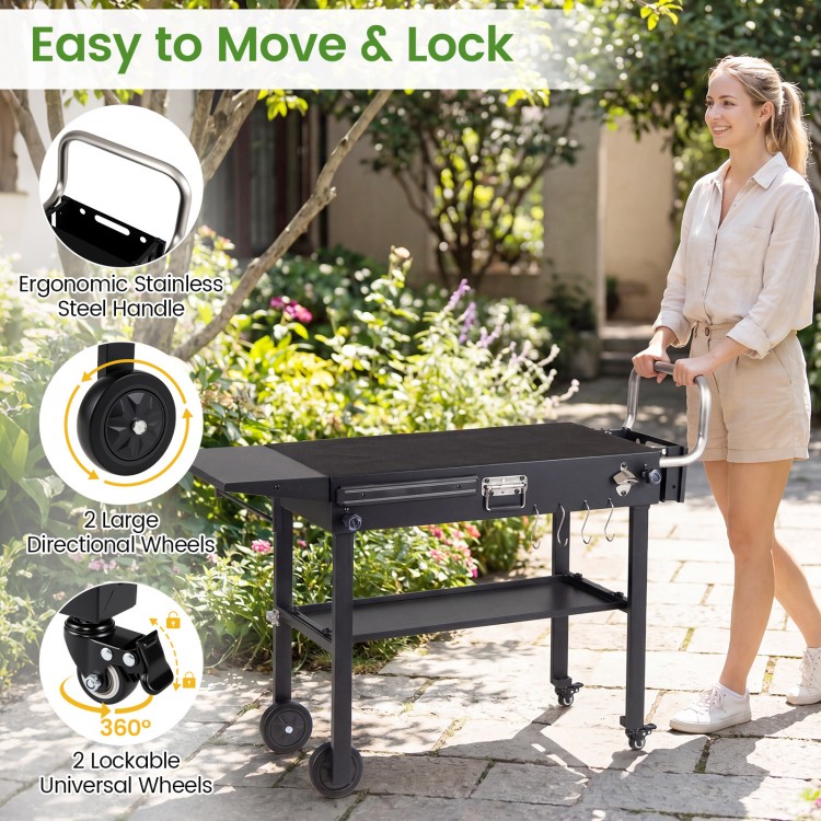 Foldable outdoor grill cart with a 31” x 17” tabletop, ergonomic handle, and lockable wheels for easy transport and storage.
