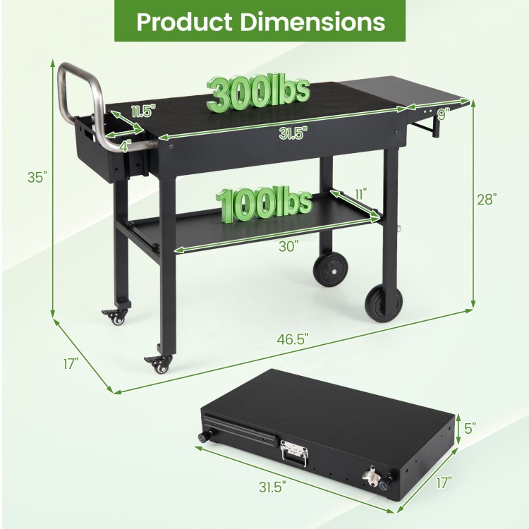 Foldable outdoor grill cart with a 31” x 17” tabletop, 300 lbs capacity, and removable side tray for extra prep space.