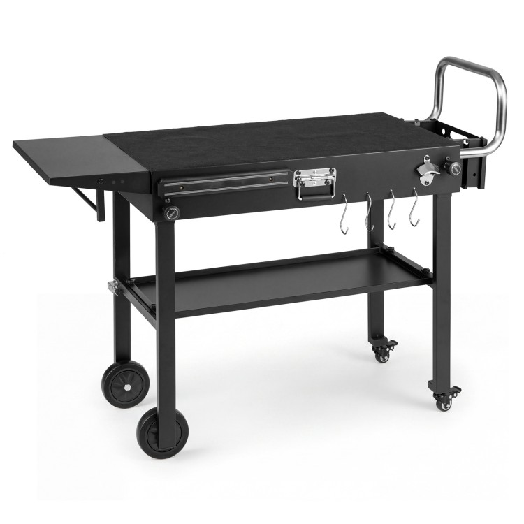 Foldable outdoor grill cart with a 31” x 17” heat-resistant tabletop, featuring storage shelf and hooks for convenience.