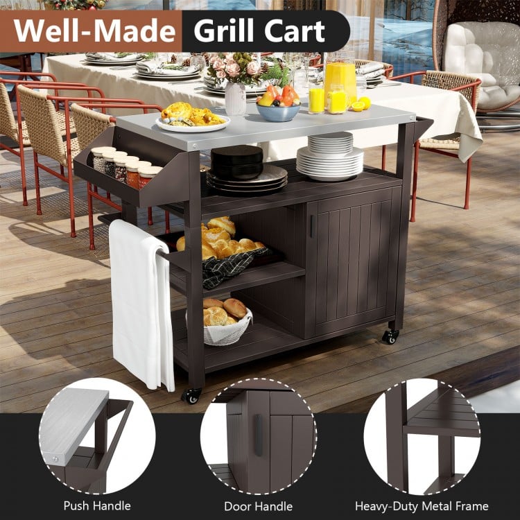 Outdoor grill cart with stainless steel top, storage shelves, and a robust metal frame, perfect for indoor and outdoor.