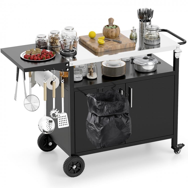 Outdoor grill cart with storage, folding stainless steel top, and ample space for meal prep, ideal for outdoor parties.
