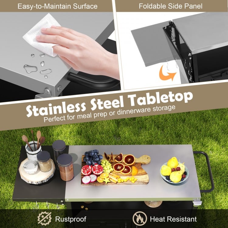 Outdoor grill cart with a folding stainless steel top, featuring ample storage and easy-to-maintain surface for outdoor.