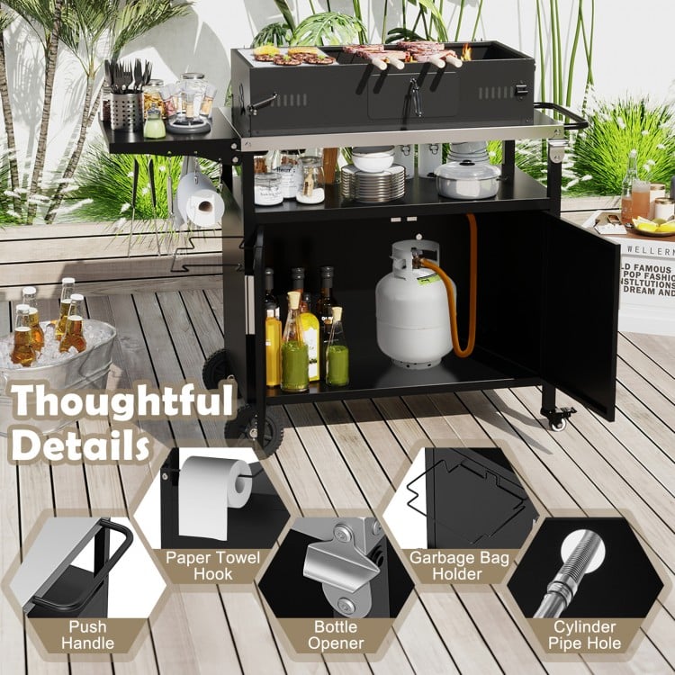 Outdoor grill cart with stainless steel top, storage shelves, and convenient features like a bottle opener and paper.