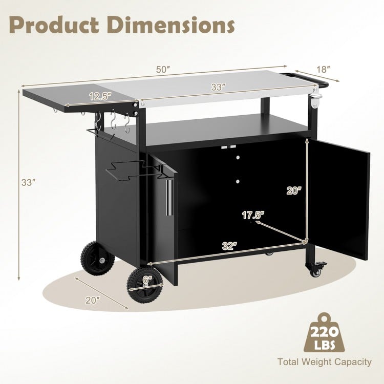 Outdoor grill cart with folding stainless steel top, storage cabinet, and wheels, ideal for picnics and outdoor parties.