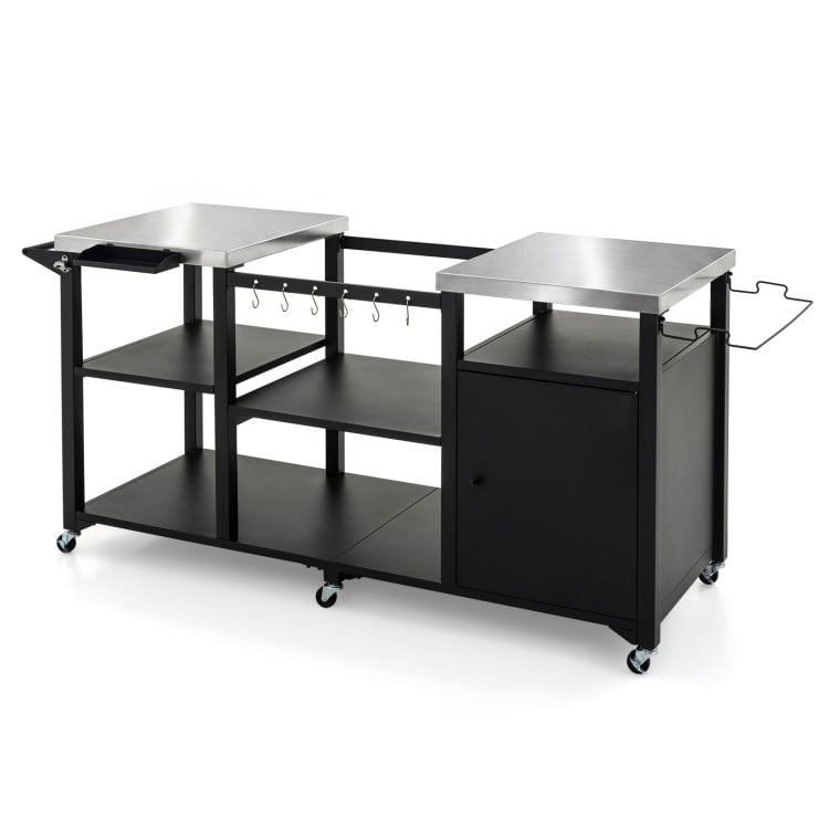 Outdoor grill cart with stainless steel tabletops, storage shelves, and hooks, perfect for BBQs and family gatherings.