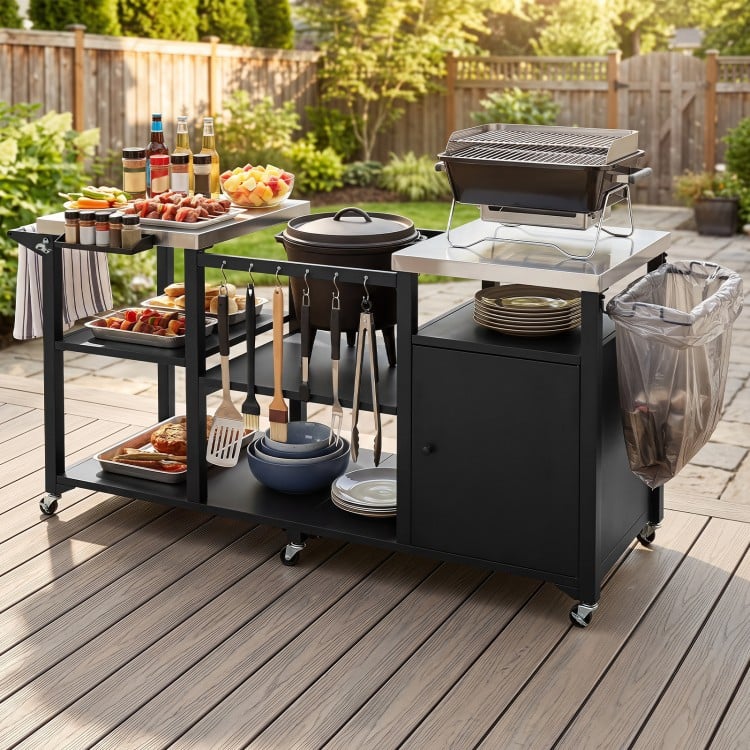 Outdoor grill cart with stainless steel tabletop, storage shelves, and hooks, perfect for BBQ gatherings and outdoor cooking.