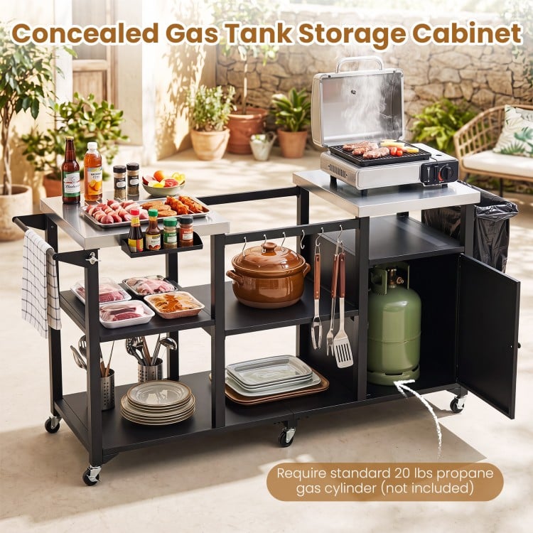 Outdoor grill cart with stainless steel tabletops, concealed gas tank storage, and multiple shelves for outdoor cooking.