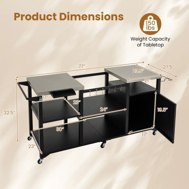 Outdoor grill cart with stainless steel tabletops, hooks, and multiple storage shelves for outdoor cooking convenience.