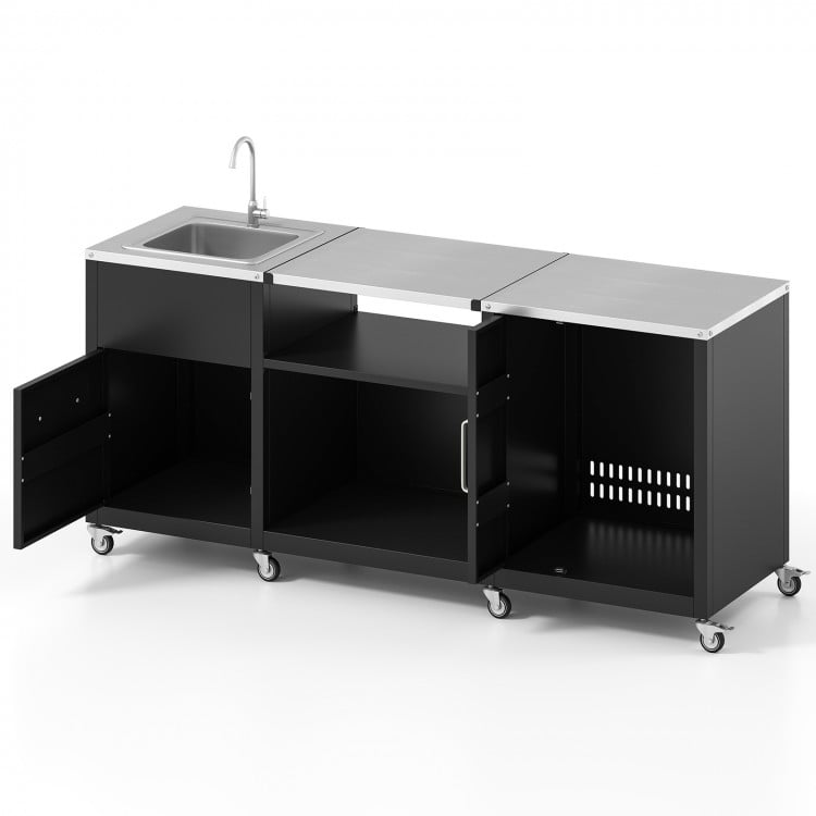 Outdoor grill table with open storage compartments, heavy-duty metal design, stainless steel countertop for outdoor.
