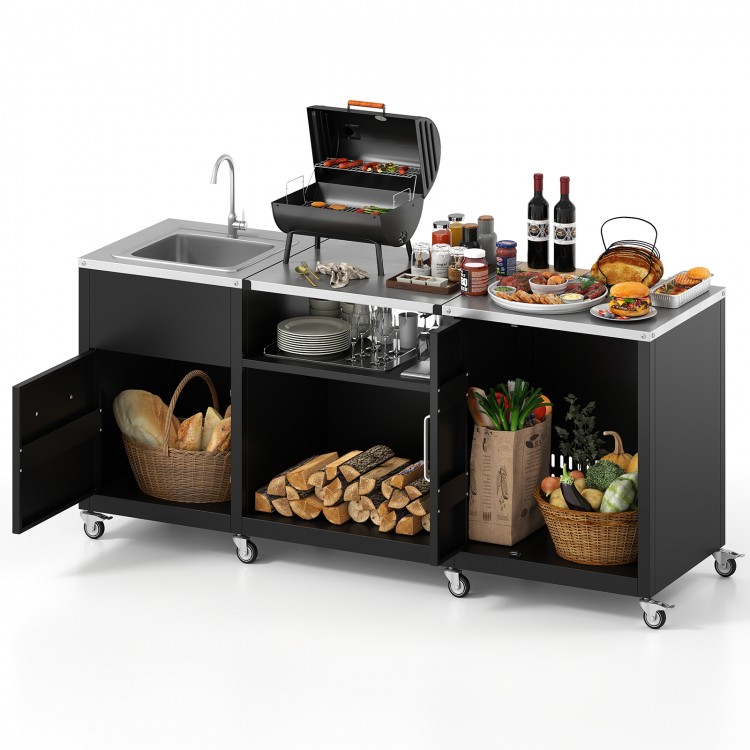 Outdoor grill table with sink and heavy-duty metal construction, featuring storage areas and wheels for easy mobility.
