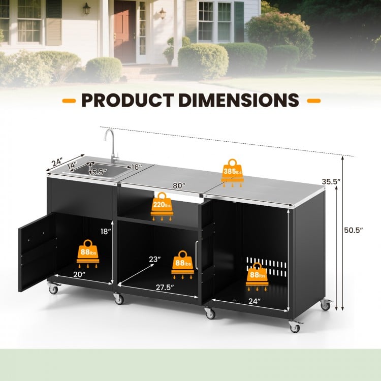 Outdoor grill table with sink dimensions, featuring heavy-duty metal construction and ample storage for outdoor.
