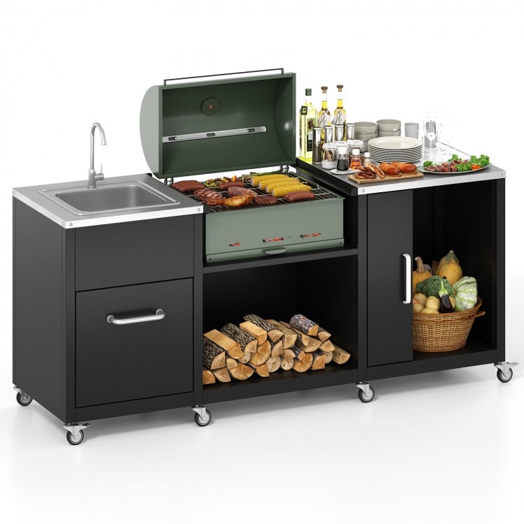 Grill cart with removable top shelf and large-capacity sink, featuring elegant stainless steel for outdoor cooking.