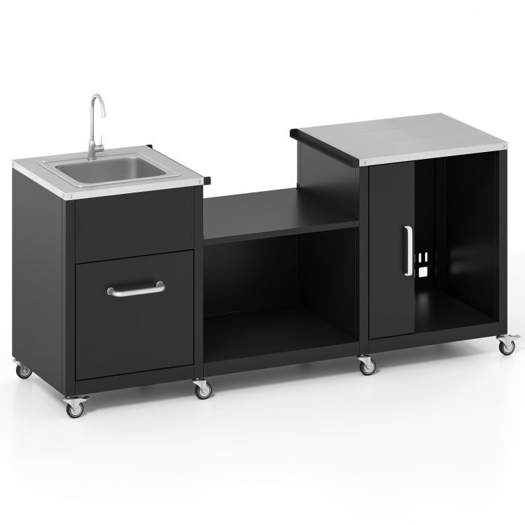 Outdoor grill table with sink and drainage, heavy-duty metal construction, stainless steel countertop, ideal for patio.