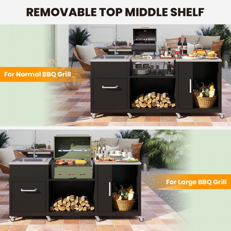 Outdoor grill table with removable middle shelf, stainless steel countertop, and large sink for patio or garden use.
