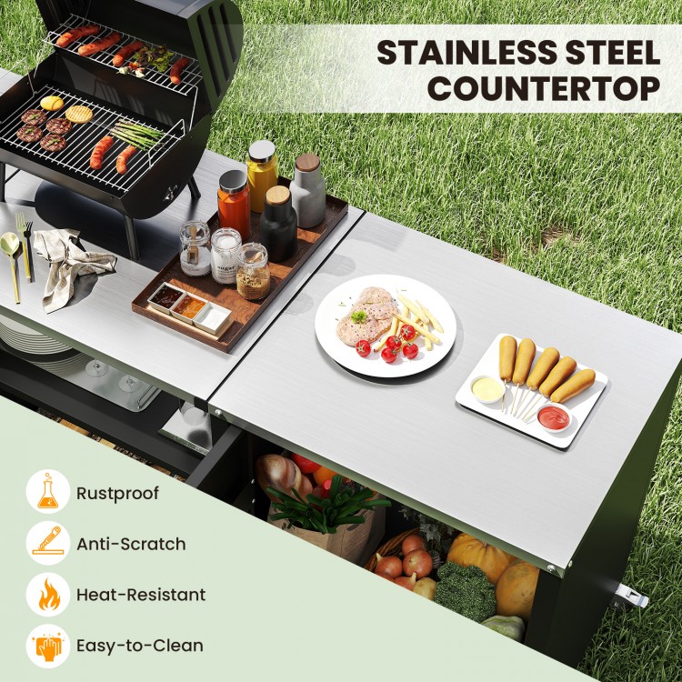 Stainless steel countertop of the outdoor grill table with sink, showcasing durability and easy-to-clean features for.