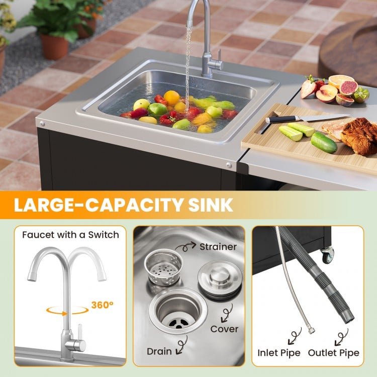 Large-capacity sink with faucet, strainer, and drainage features on a heavy-duty metal grill cart for outdoor use.