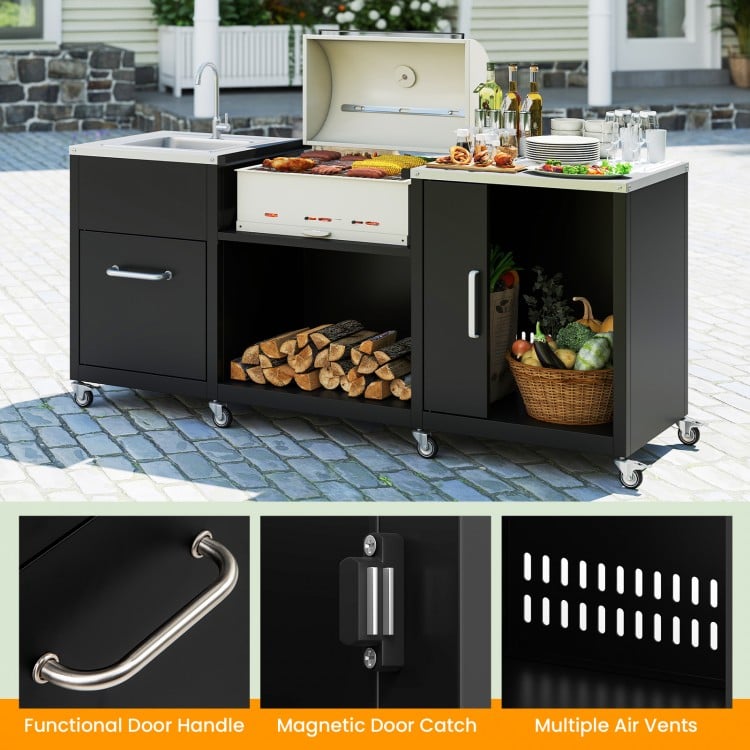 Outdoor grill table with sink and drainage, heavy-duty metal construction, and multiple storage areas for patio use.