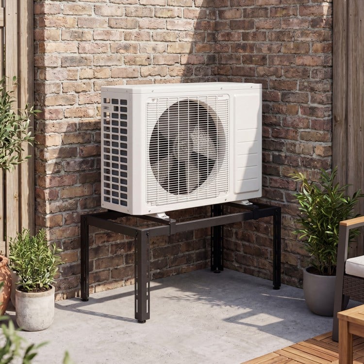 Heavy-duty black AC base for 9000-36000 BTU units, featuring adjustable layout and stable powder-coated metal construction.