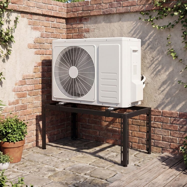 Heavy-duty black AC base for 9000-36000 BTU ductless air conditioners, featuring adjustable layout and stable support.