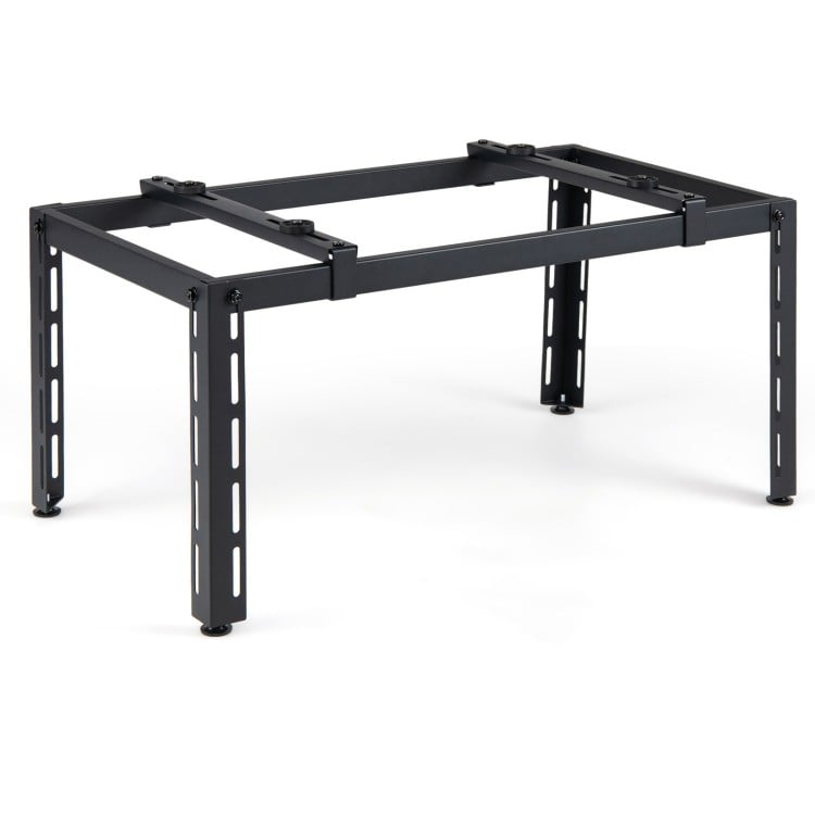 Heavy-duty black AC base for 9000-36000 BTU ductless air conditioners with adjustable layout and anti-vibration pads.