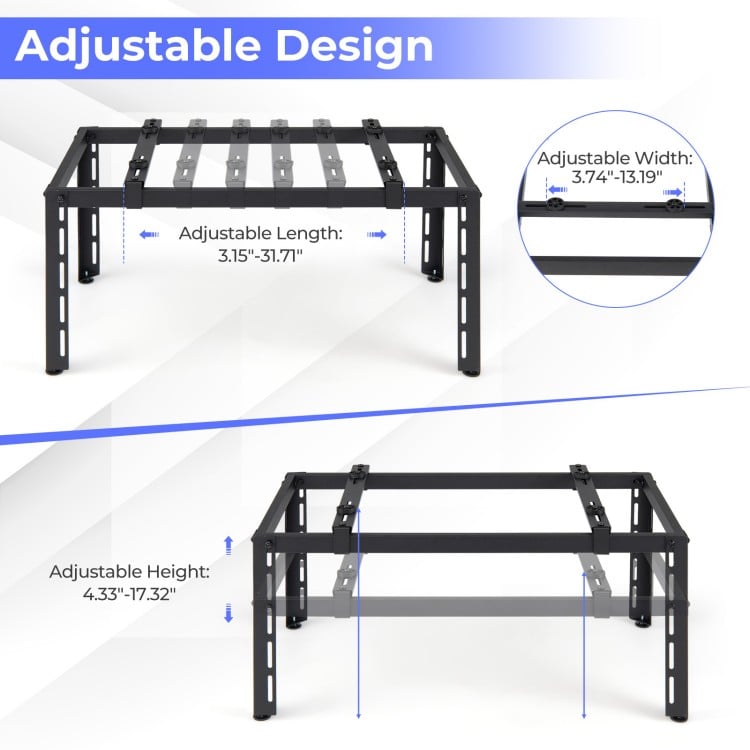 Adjustable outdoor heavy-duty AC base in black for 9000-36000 BTU units, featuring stable metal construction and anti-vibration pads.