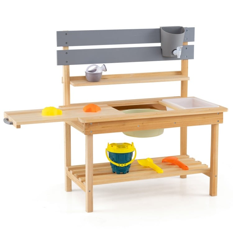 Kids mud kitchen with pull-out tabletop, water basin, and sturdy natural fir wood for organized outdoor play activities.