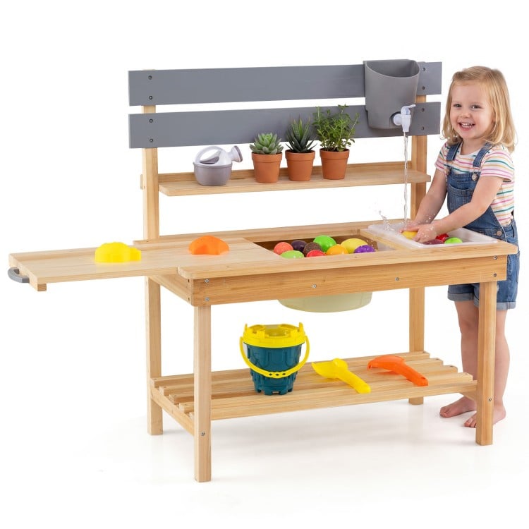 Outdoor kids mud kitchen featuring a spacious tabletop, water tank, and natural fir wood for imaginative play.