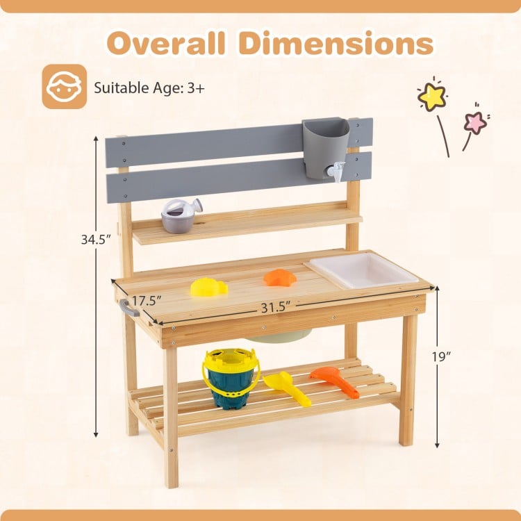 Outdoor kids mud kitchen with extended tabletop, water tank, and natural fir wood for imaginative play and organization.