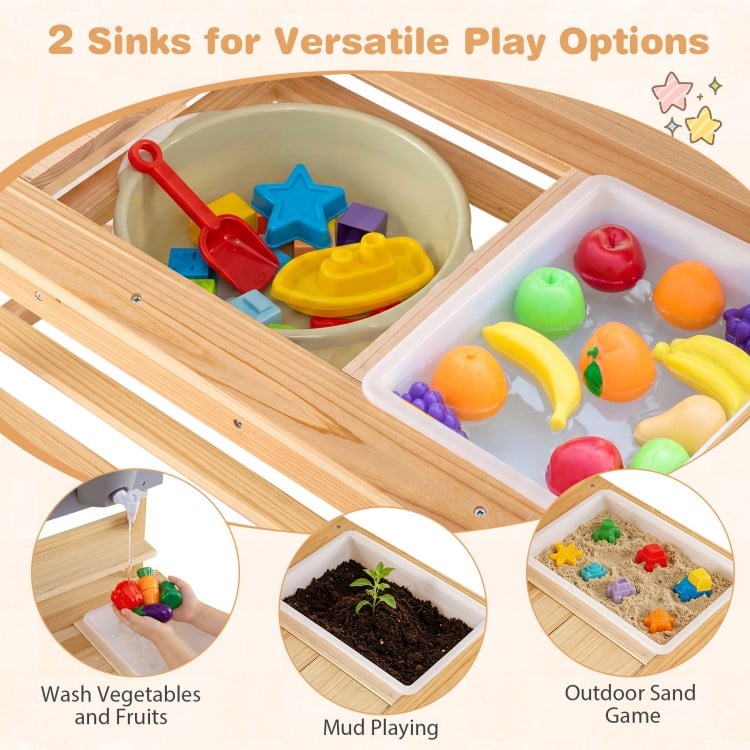 Outdoor kids mud kitchen featuring two sinks for versatile play, made of natural fir wood for durability and safety.