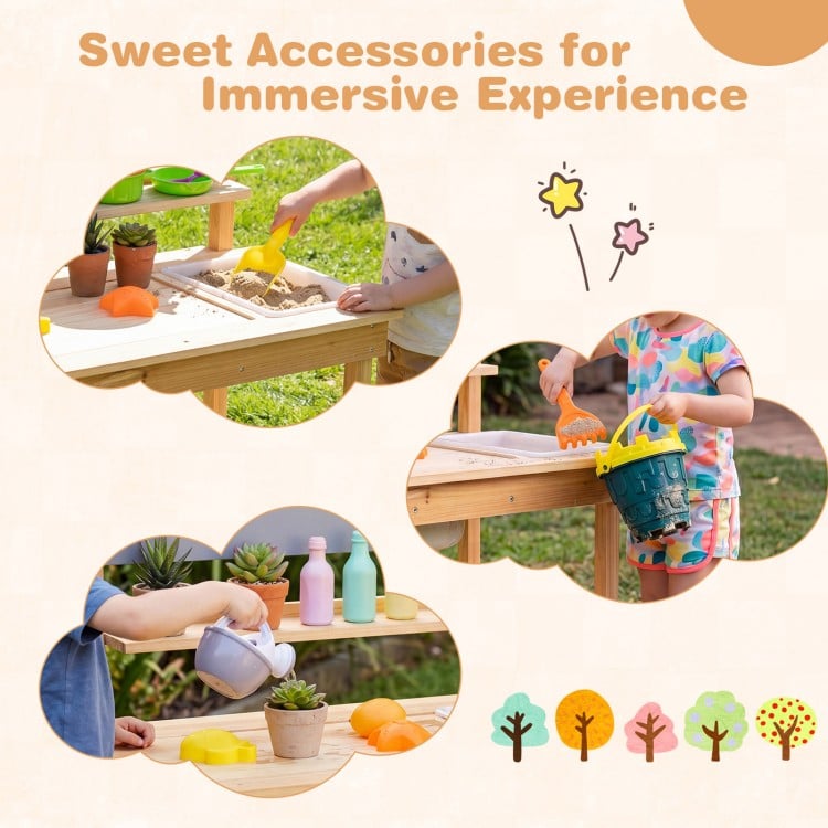 Outdoor kids mud kitchen featuring a spacious tabletop, built-in water basin, and sweet accessories for imaginative.