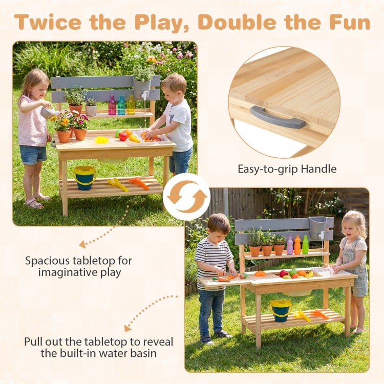 Outdoor kids mud kitchen featuring a spacious tabletop, built-in water basin, and natural fir wood for imaginative play.