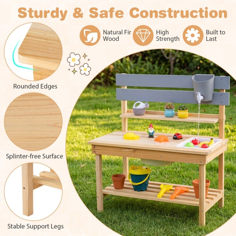 Outdoor kids mud kitchen in natural fir wood with water tank, spacious tabletop, and stable support legs for.