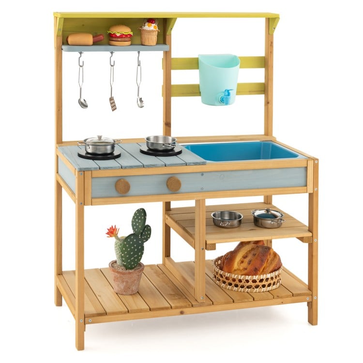 Outdoor kids mud kitchen with faucet, removable sink, and storage shelves for fun cooking and playtime in the backyard.