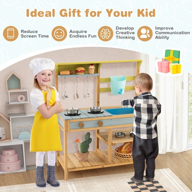 Outdoor kids mud kitchen featuring a stove top, faucet, and removable sink for creative play in the garden or backyard.