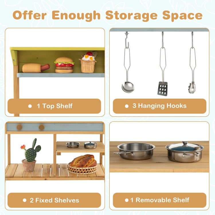 Outdoor kids mud kitchen featuring a top shelf, three hanging hooks, and a removable middle shelf for versatile storage.