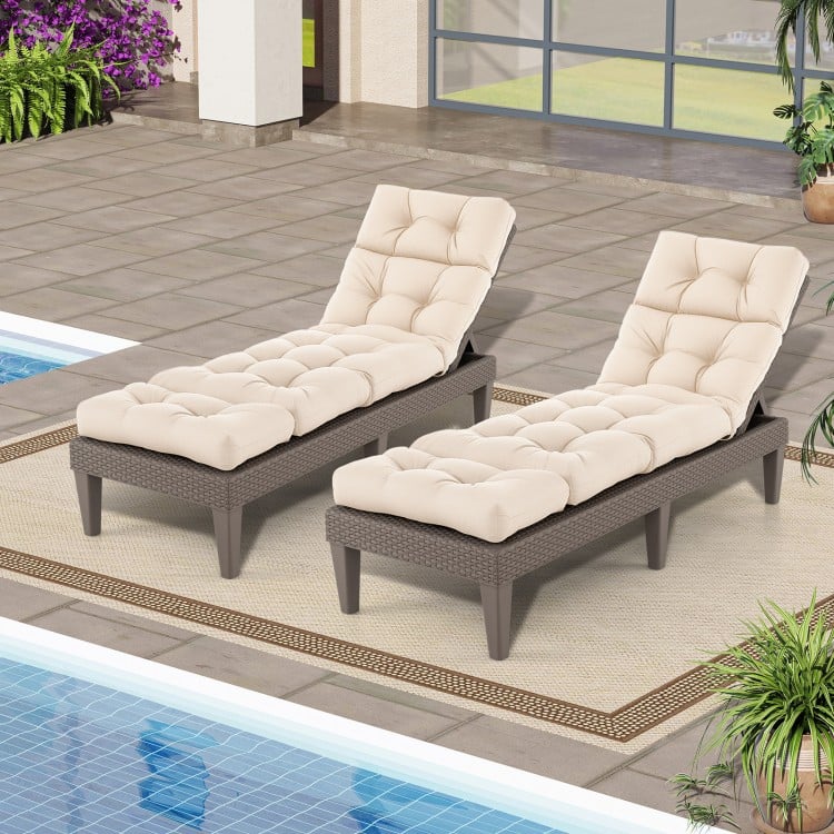 Beige outdoor lounge chaise cushion with high back, 73"x22", featuring string ties for secure attachment and optimal.