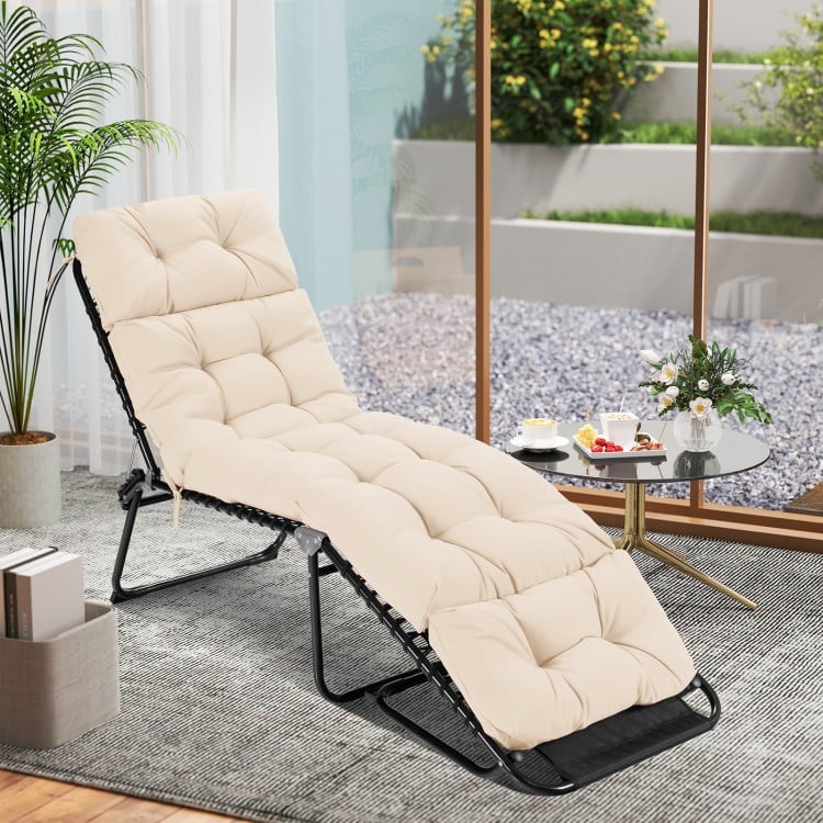 Beige outdoor lounge chaise cushion 73"x22" with high back and string ties, ideal for indoor and outdoor comfort.