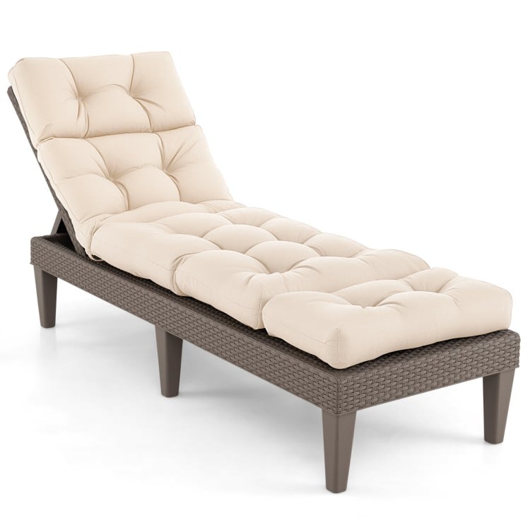 Beige outdoor lounge chaise cushion with high back, 73"x22", featuring string ties and thick, breathable fabric for.