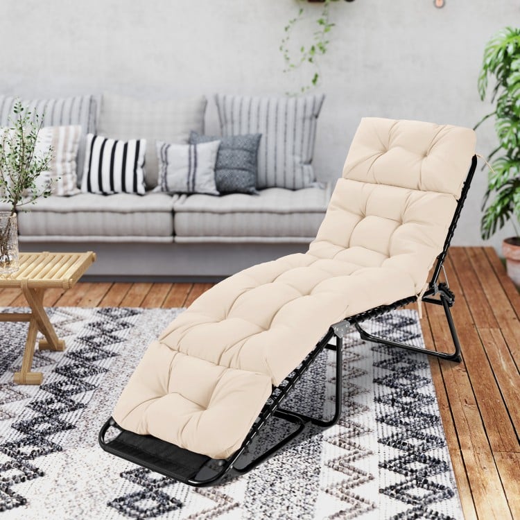 Beige outdoor lounge chaise cushion 73"x22" with high back, featuring string ties for secure attachment and optimal.