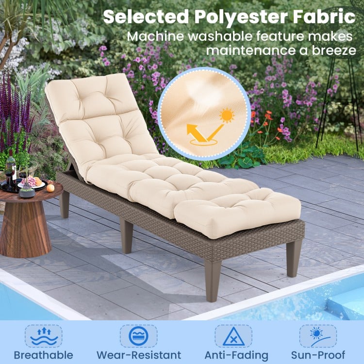 Beige outdoor lounge chaise cushion 73"x22" with high back, made of breathable, wear-resistant polyester fabric.