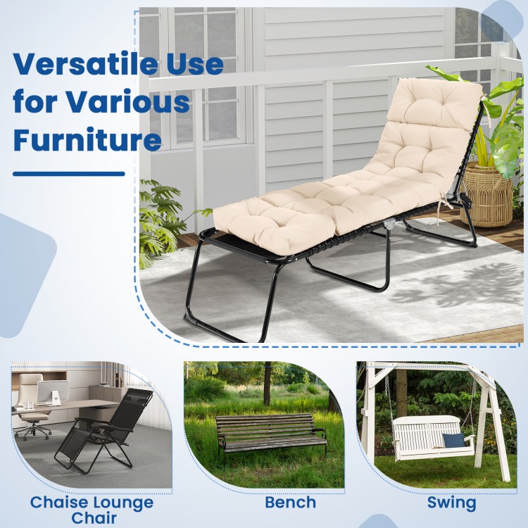 Beige outdoor lounge chaise cushion 73"x22" with high back string ties, ideal for comfort and durability in any setting.