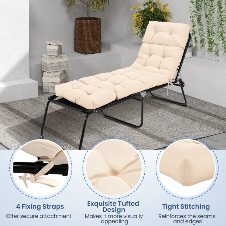 Beige outdoor lounge chaise cushion with high back, featuring 4 string ties and tufted design for comfort and style.
