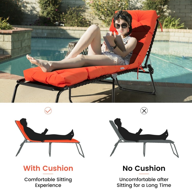 Thickened outdoor lounge chaise cushion in orange, featuring 4 string ties for secure attachment and optimal comfort.