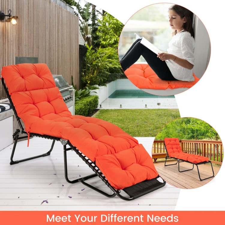 Thickened orange outdoor lounge chair cushion with string ties, made from waterproof polyester for garden and poolside.