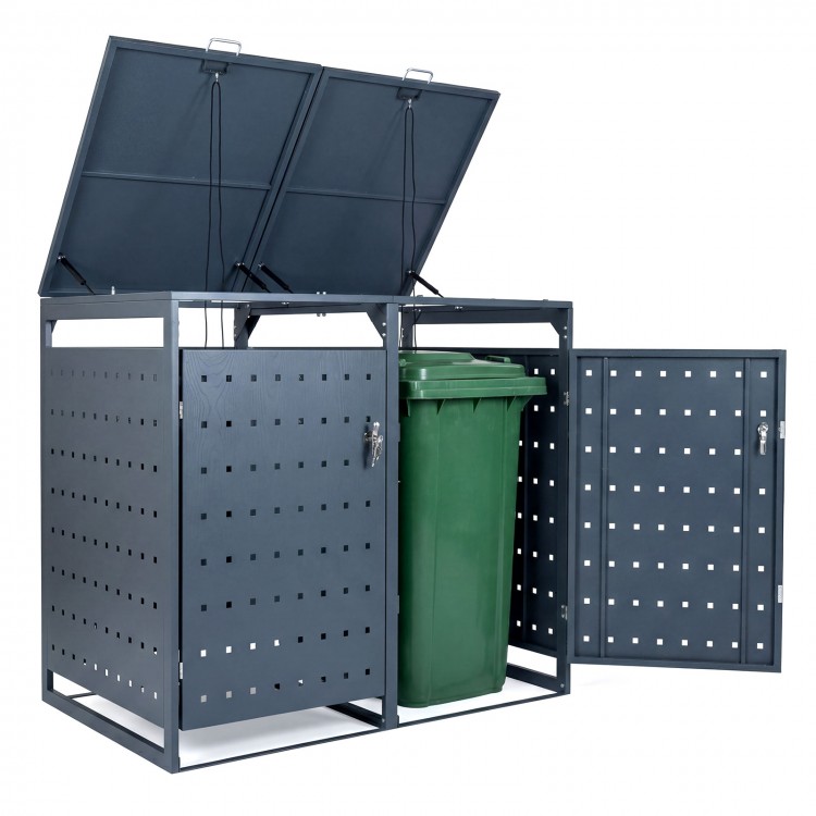 Outdoor metal garbage bin storage shed for 2 trash cans in gray, featuring dual access doors and reinforced structure.